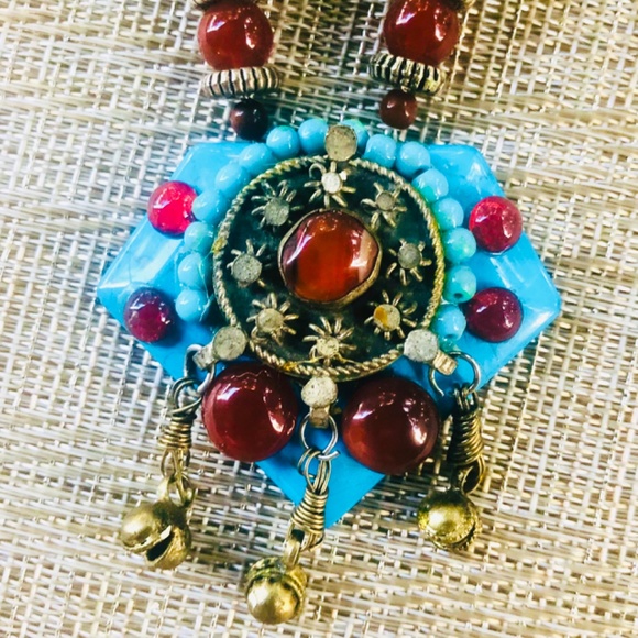 Handmade NECKLACE TURQ HOWLITE/CARNELIAN STONE UNIQUE VINTAGE AFGHAN Silver - Picture 6 of 16